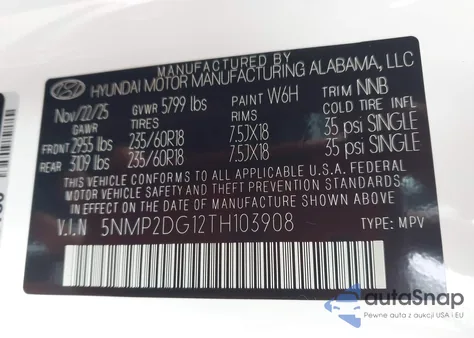 2026 Hyundai Santa Fe Hybrid Sel z USA, uszkodzony, nr VIN 5NMP2DG12TH103908